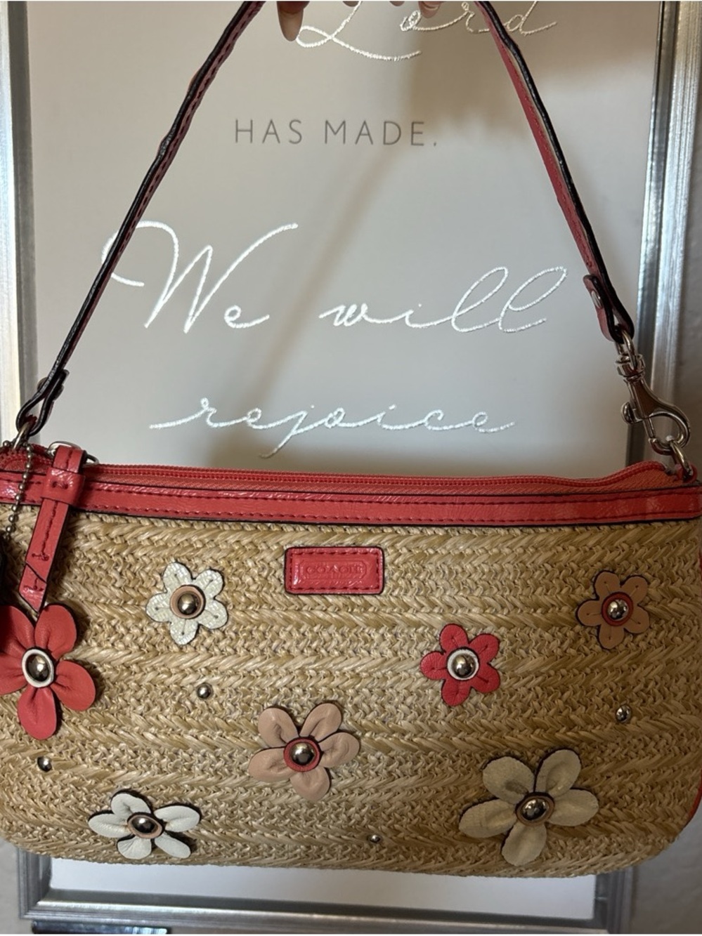 Coach Straw Mini Shoulder Bag with Coral Trim and Multicolor Floral Appliqués